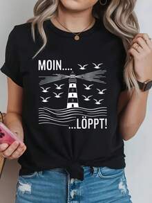 Moin Loppt Letter Print T-Shirt, Short Sleeve Crew Neck Casual Top For Summer And Spring, Women's Clothing - 黑色 - 查看 1