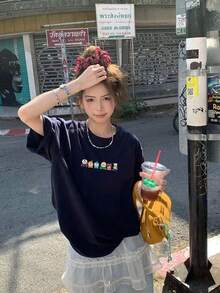 Summer Casual Letter Print Oversized T-Shirt, Crew Neck Short Sleeve, Loose-Fitting Streetwear Top For Women - Màu xanh hải quân - Xem 2