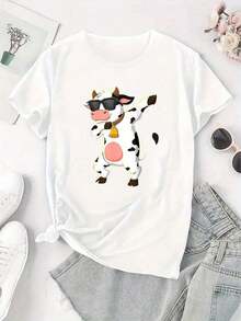 1 Piece Casual Fashion Men's And Women's T-Shirt With Cute Cow Print, Ballerina Cow Is Black And White And Pink Belly Button - Summer Top With Short Sleeves And Round Neck, Comfortable Casual Wear For All Seasons, Cow Pattern Blouse For Parties And Daily Outfits | Exquisite Design | Loose And Comfortable | Easy To Match | Versatile, Easy To Match, For Daily Wear, Urban Style, Vacation Outfits, Weekend Outfits. - Blanco - 查看 2