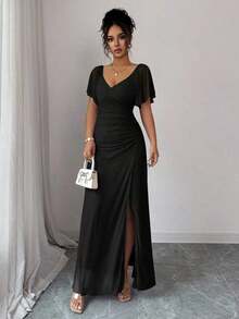 Vestido morado claro con cuello en V, mangas con volantes, cintura plisada y abertura, vestido elegante de dama de honor, vestido de fiesta, primavera/verano - Negro - Ver 5