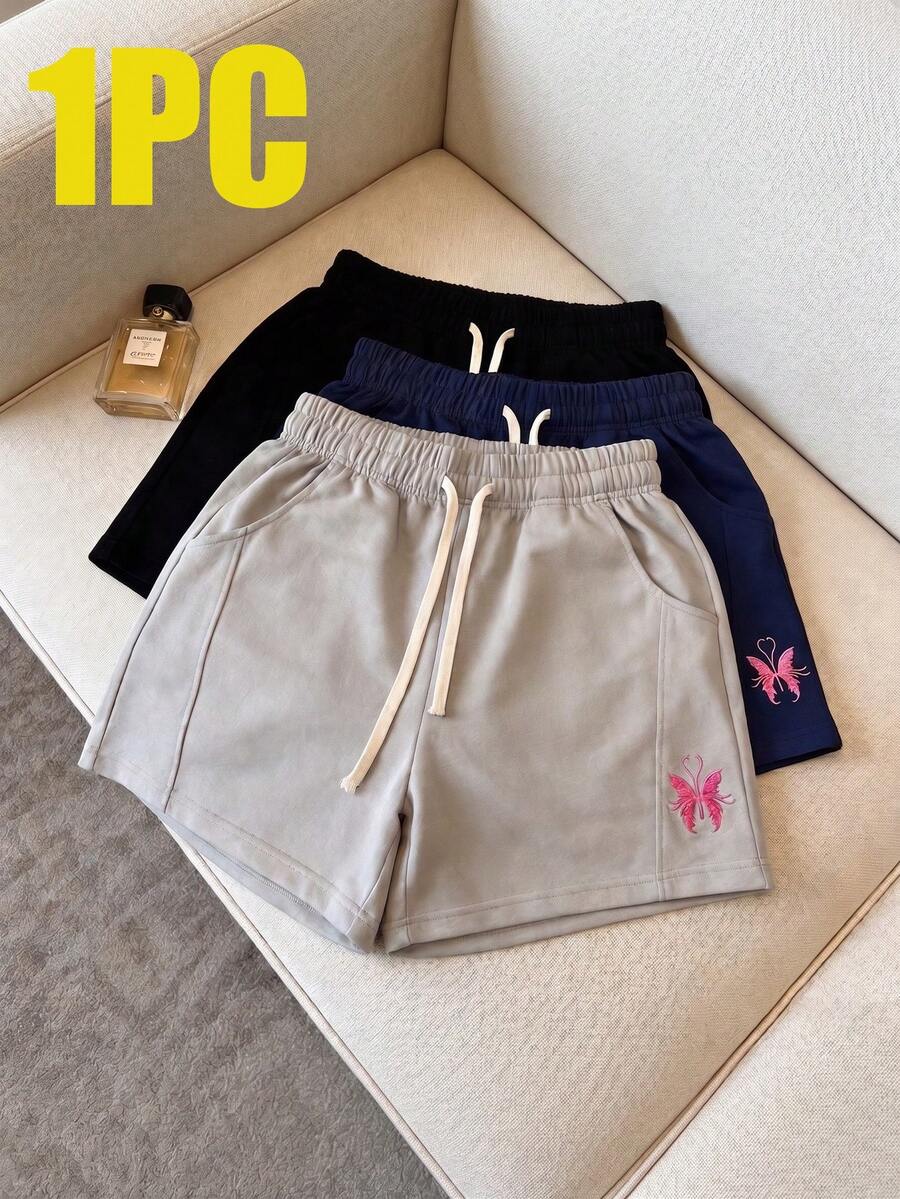 Damen Sommer Casual Sport Shorts, Tunnelzug Taille, Doppelte Seitentaschen, einzigartiges Stickerei Design, geeignet für Laufen, Yoga, Fitness und Training - Grau - Übersicht 1