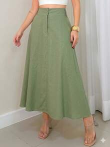 EMILI Women's Midi Skirt In Cotton Knit Fabric With Two-Button Front Closure And Belt Loops - 綠色 - 查看 1