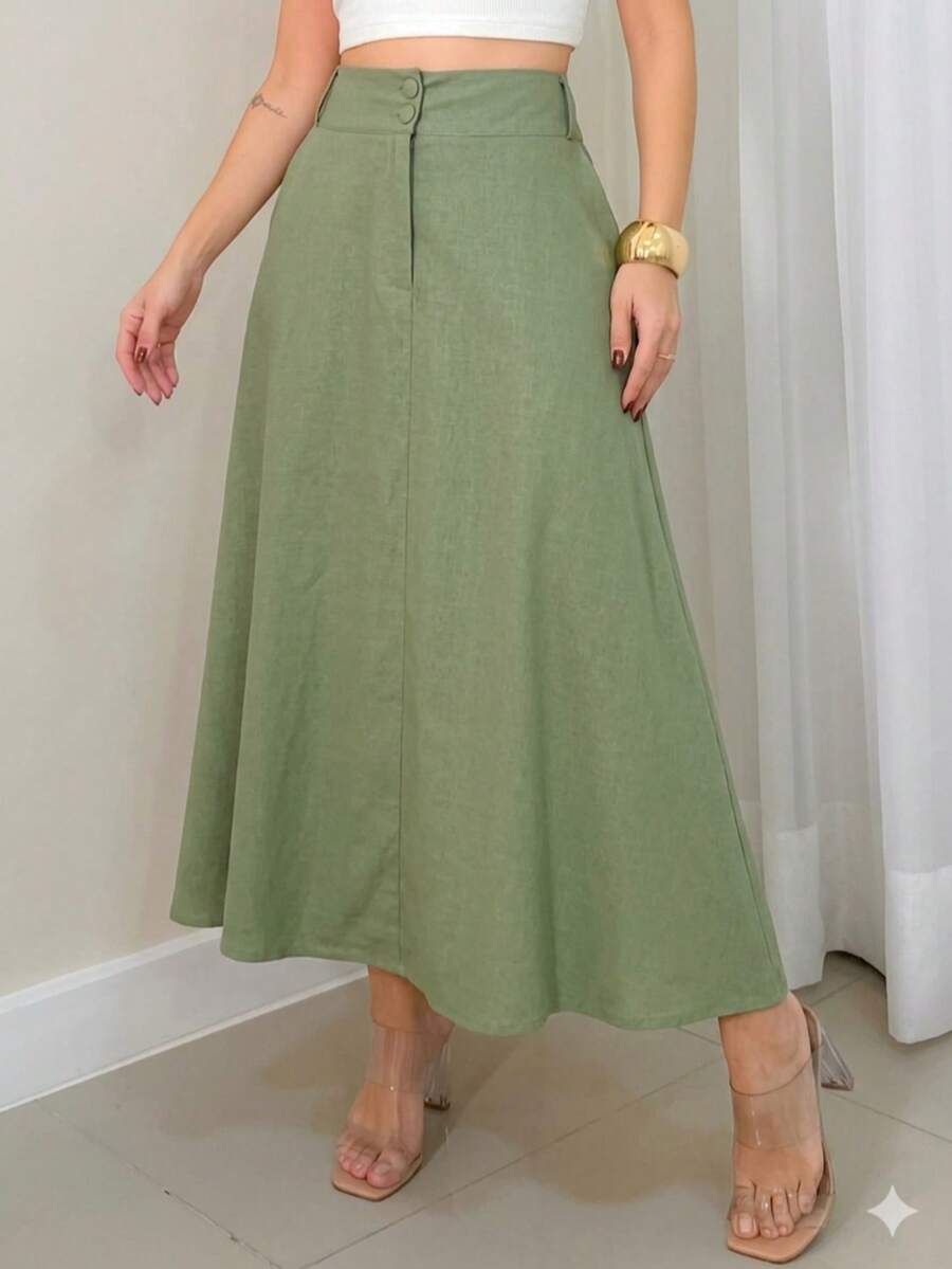 EMILI Women's Midi Skirt In Cotton Knit Fabric With Two-Button Front Closure And Belt Loops - 綠色 - 查看 1
