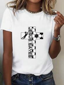 Camiseta de Cuello Redondo Estampada para Mujer, Serie de Ropa USA-México, Camiseta Atmosférica con Estampado Vintage de Cruz de Fútbol Blanca, Estilo Vintage Americano, Conjunto para Ver Partidos. Ropa para Aficionados al Fútbol, Atuendo para Animar. Nuevas Mangas Cortas Cómodas para - Blanco - Ver 2