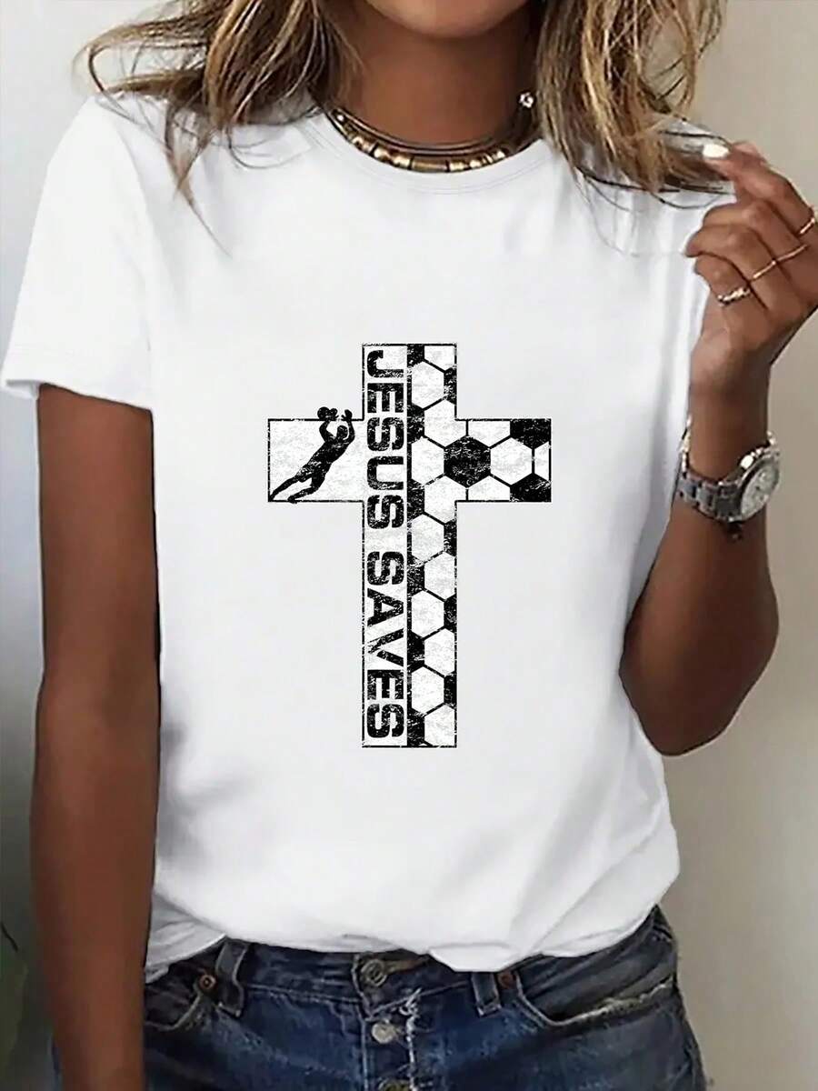 Camiseta de Cuello Redondo Estampada para Mujer, Serie de Ropa USA-México, Camiseta Atmosférica con Estampado Vintage de Cruz de Fútbol Blanca, Estilo Vintage Americano, Conjunto para Ver Partidos. Ropa para Aficionados al Fútbol, Atuendo para Animar. Nuevas Mangas Cortas Cómodas para