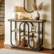 LITTLE TREE 100cm 4-Tier Entryway Console Table, Industrial Metal Frame Rustic Shelf Table, Multifunctional Furniture For Small Home Spaces - Brownish Black - View 3