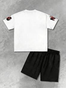 Boys' Round White Neck T-Shirt & And Shorts Set Casual Outfit, Casual And Comfortable Spring And Summer Short-Sleeved Printed 2 Set - 白色 - 查看 3