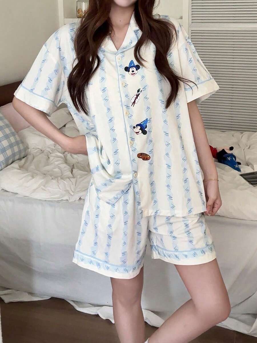 Gongdie Disney 迪士尼女士睡衣套装(2件套),夏季纯棉短袖短裤,可爱蓝条纹米奇印花柔软睡衣 - 杏色 - 查看 1