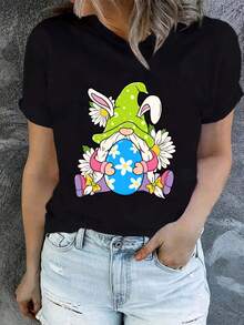 Easter Bunny And Easter Egg Print | Women'S Casual Short Sleeve T-Shirt, Comfortable Fit, Sisters Dress, Necessary For Outdoor Travel, Spring And Summer Collection - 黑色 - 查看 1