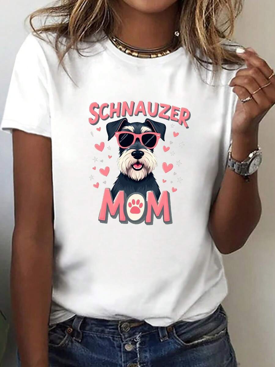 Camiseta ilustrada con una mamá Schnauzer con gafas, perfecta para el uso casual en primavera y verano, diseñada para mujeres