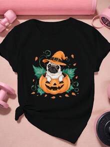 Camiseta de manga corta Pug de la calabaza de la mujer - Negro - Ver 2