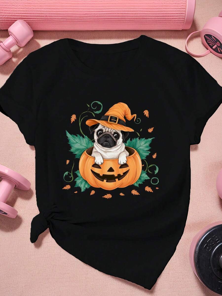 Camiseta de manga corta Pug de la calabaza de la mujer