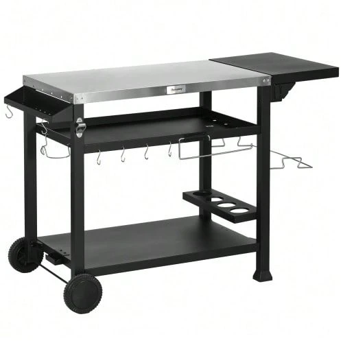 Outsunny Grill Cart, Grill Table With Folding Side Table, 3 Levels, 6 Hooks, Wheels, Bottle Rack, Garden And Patio Tabletop. - Black - View 1