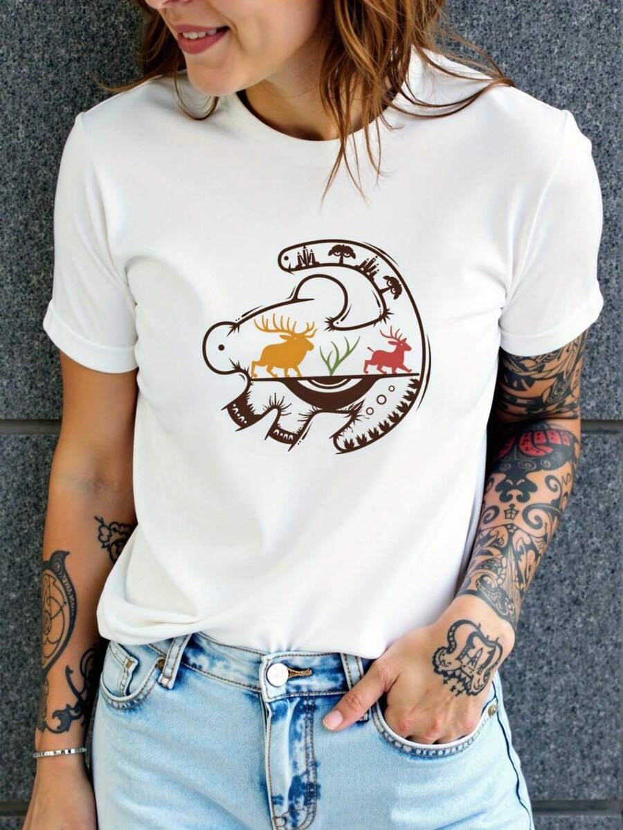 Creativo dibujos animados impresión gráfica de la moda de las mujeres cómoda transpirable deporte casual camiseta de manga corta superior
