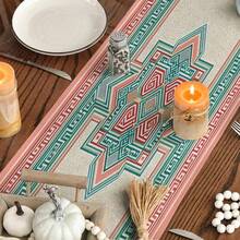 1pc New Chinese Style National Polyester Rectangular Pink & Green Geometric Center Pattern Printed Decorative Table Runner, Suitable For Dining Table, Tea Room, Housewarming, All Seasons Home Decor - Multicolor - View 6