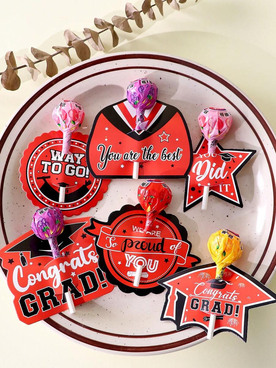 Graduation Lollipop Decoration Cards, Multiple Styles Of Graduation Cap Design, Available In Red/Black/Purple. Graduation Party Candy Insert Cards, Graduation Candy Packaging Accessories, Suitable For Graduation Celebration Events, Easily Set The Holiday Atmosphere, Add A Sense Of Ceremony To Candies, Popular Items For Graduation Party Decorations. - Multicolor - View 1