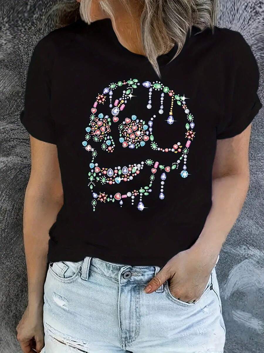 Women's Oversized T-Shirt with Diamond Skull Print - Loose Fit Casual Gothic Top, Machine Washable Suitable for - Wear, Edgy Everyday Outfits & Layering Pieces