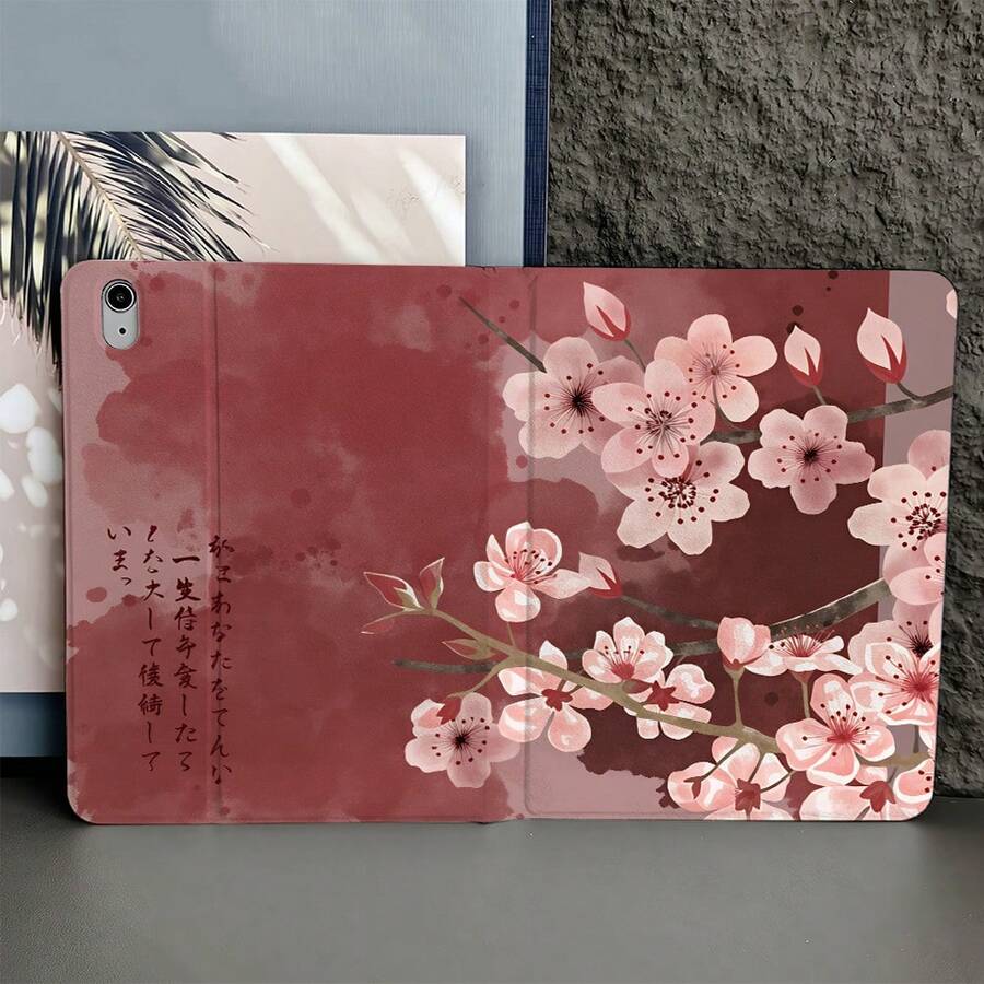 1个樱花图案及文字印花平板电脑保护套，带笔槽，兼容iPad Air 4/5/10代智能保护套/Air 13(M3 2025)/Air 11(M3 2025)/11(A16 2025)，兼容OPPO平板电脑，兼容华为Mate平板电脑，兼容vivo平板电脑，兼容荣耀平板电脑，兼容联想小新平板电脑 - 彩色 - 查看 1