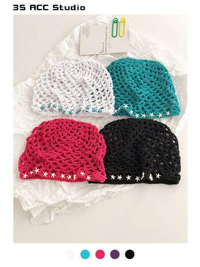 Summer Hollow-Out Purple Knitted Hat, Vintage Versatile Handmade Woven Beanie Cap, Thin Lightweight Skull Cap, Spring/Summer Slouchy Hat, Fashionable Macaroon Color Head Wrap, Sun Protection