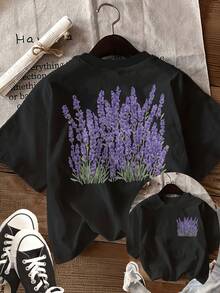 Summer Tops: Women's Vintage Lavender Flower Field T-Shirt - Short-Sleeved Crew Neck Top With A Relaxed Fit And Double-Sided Lavender Print, Breathable Casual Blouse, Suitable For Spring And Summer Leisure Wear, Machine Washable Non-Cotton T-Shirt, Summer Outfits. - Black - View 6