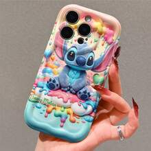 Disney Lilo & Stitch Phone Case, Cute Fuzzy Stitch Sitting On A Fluffy Cloud, Whimsical Rainbow Drip Candy Background With Balloons And Hearts, Personalized Name Style, Protective Cover For IPhone 17, 16, 15, 14, 13, 12, 11 Pro Models, Ideal Gift For Birthdays, Holidays, Family, Friends And All Special Occasions - trắng - Xem 4