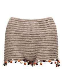 Women's Summer Low Rise Shorts  Colorful Bead Decor Hem Knit Streetwear Shorts - Light Brown - View 9