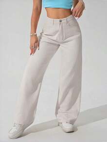 Pantalones vaqueros anchos sueltos y versátiles de mujer con diseño de bolsillos - Beis - Ver 4