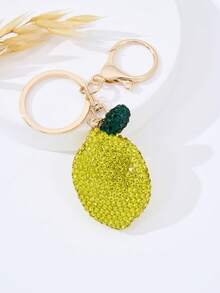 Sparkling Rhinestone Lemon Keychain, Cute Fruit Keyring, Gold Tone Bag Charm For - Yellow - View 1
