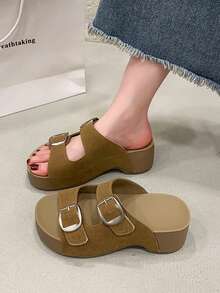 Sandalias de cuña con plataforma para mujer, sandalias abiertas con tiras, pantuflas de playa versátiles y de moda para el verano - Camel - Ver 3