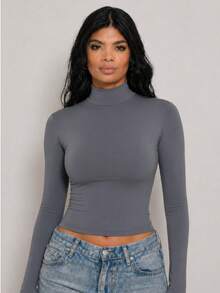 Moderna & Slim Women's Long Sleeve High Neck Blouse, Basic Second Skin Style, Extended Neck, Fitted, Comfortable For Winter - Grey - View 3