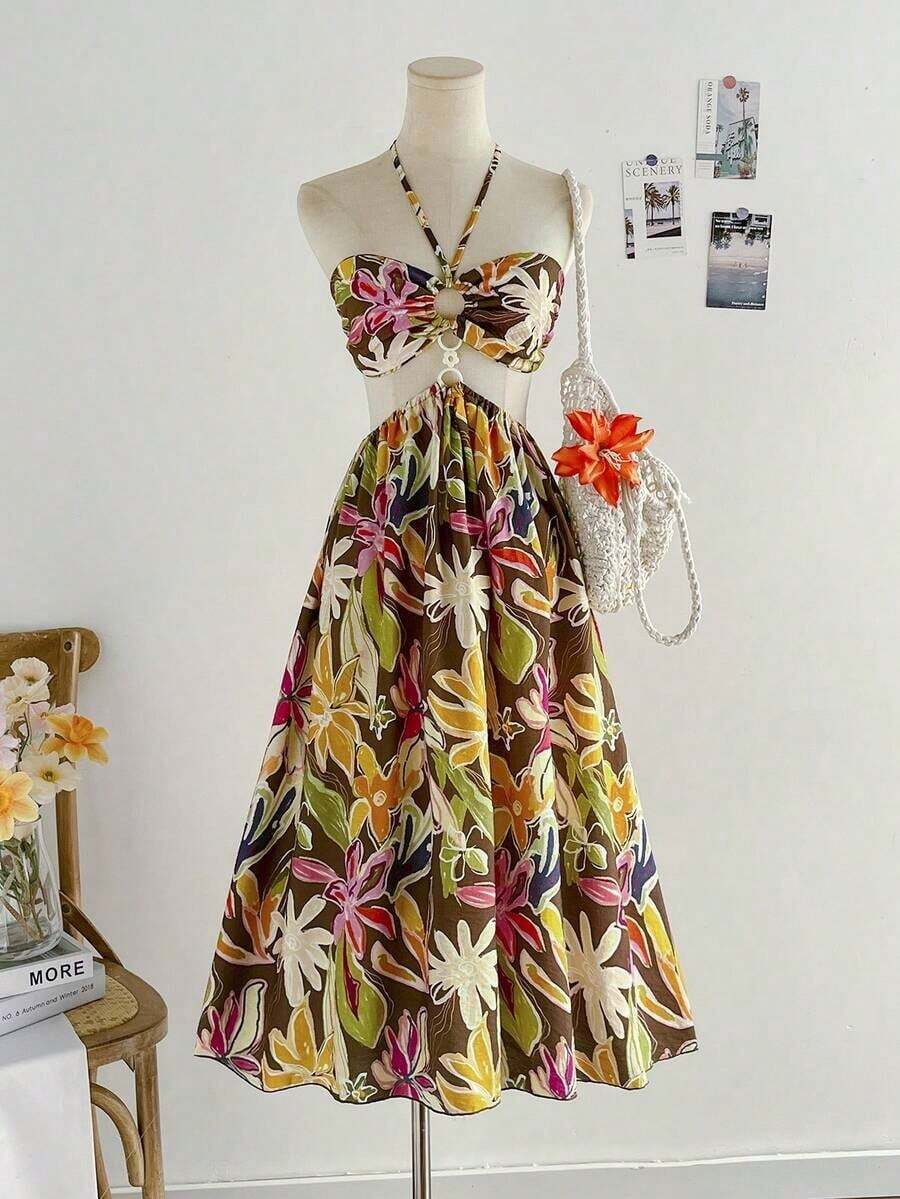 Vestido midi de verano color crudo, con hombros descubiertos y espalda abierta, estilo casual y elegante - Multicolor 2 - Ver 1