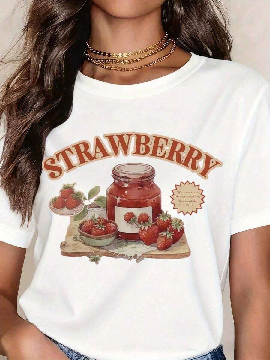 Women's Blouses. Women's Strawberry Jam Vintage Print T-Shirt - Retro Fruit Design, Graphic Tee For Casual Summer Wear. Suitable For Spring, Summer, And Autumn. - 白色 - 查看 1