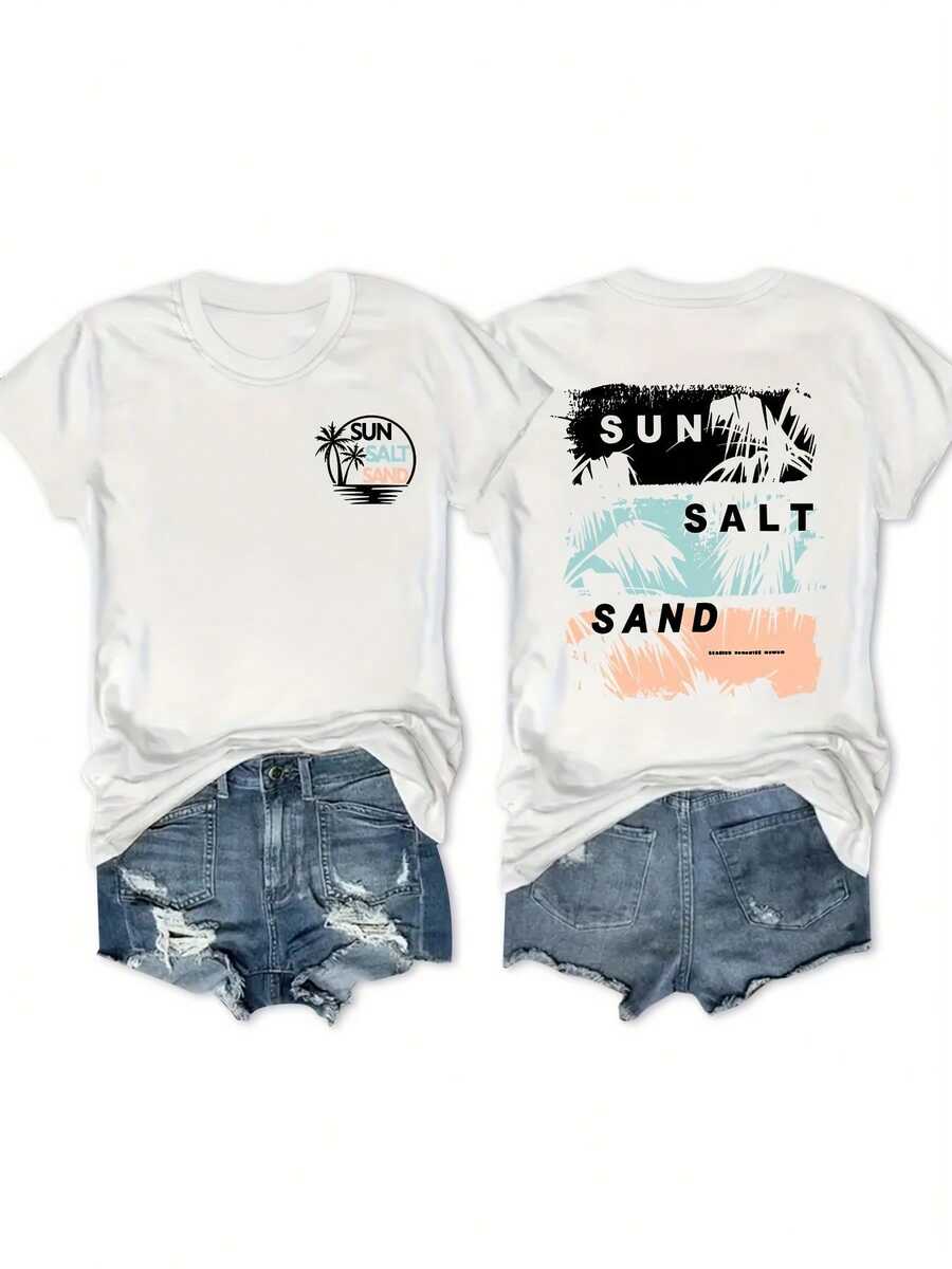 Plus Size - Plus Size - Fashion Reversible Short Sleeve T-Shirt With Letter And Coconut Tree Print, Crew Neck, Plus Size, Spring Outfit - White - View 1