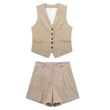 Conjunto liso Vintage para mujer, chaleco sin mangas con cuello de pico y botones, Top + bolsillos, pantalón corto elegante salvaje para ir al trabajo, verano 2024 - Traje verde militar - Ver 2