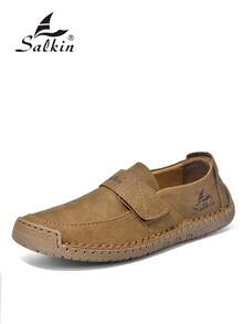 Salkin 新款男士设计师乐福鞋，手工制作，魔术贴搭扣，纯色柔软皮革鞋面，驾车鞋，轻便透气防滑平底鞋，日常百搭户外鞋，四季皆宜，节日礼物。注意：尺码偏小，建议选购大一码。 - 棕色 - 查看 3