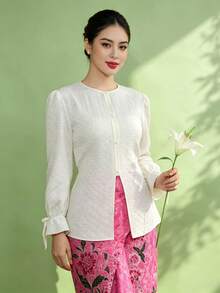 Elegant Women's Long Sleeve Blouse, Champagne Color, Spring/Summer - Champagne - View 4