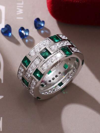1 pieza Anillo vintage elegante con cuadrado verde y redondo blanco de circonita cúbica sintética, estilo francés único, adecuado para fiestas, vacaciones y uso diario