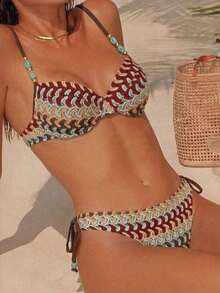 Swim Vcay Conjunto de traje de baño de 2 piezas para mujer, elegante y minimalista para vacaciones, con escote halter, parches y cuentas, color aleatorio, ropa de playa para damas - Multicolor 2 - Ver 8