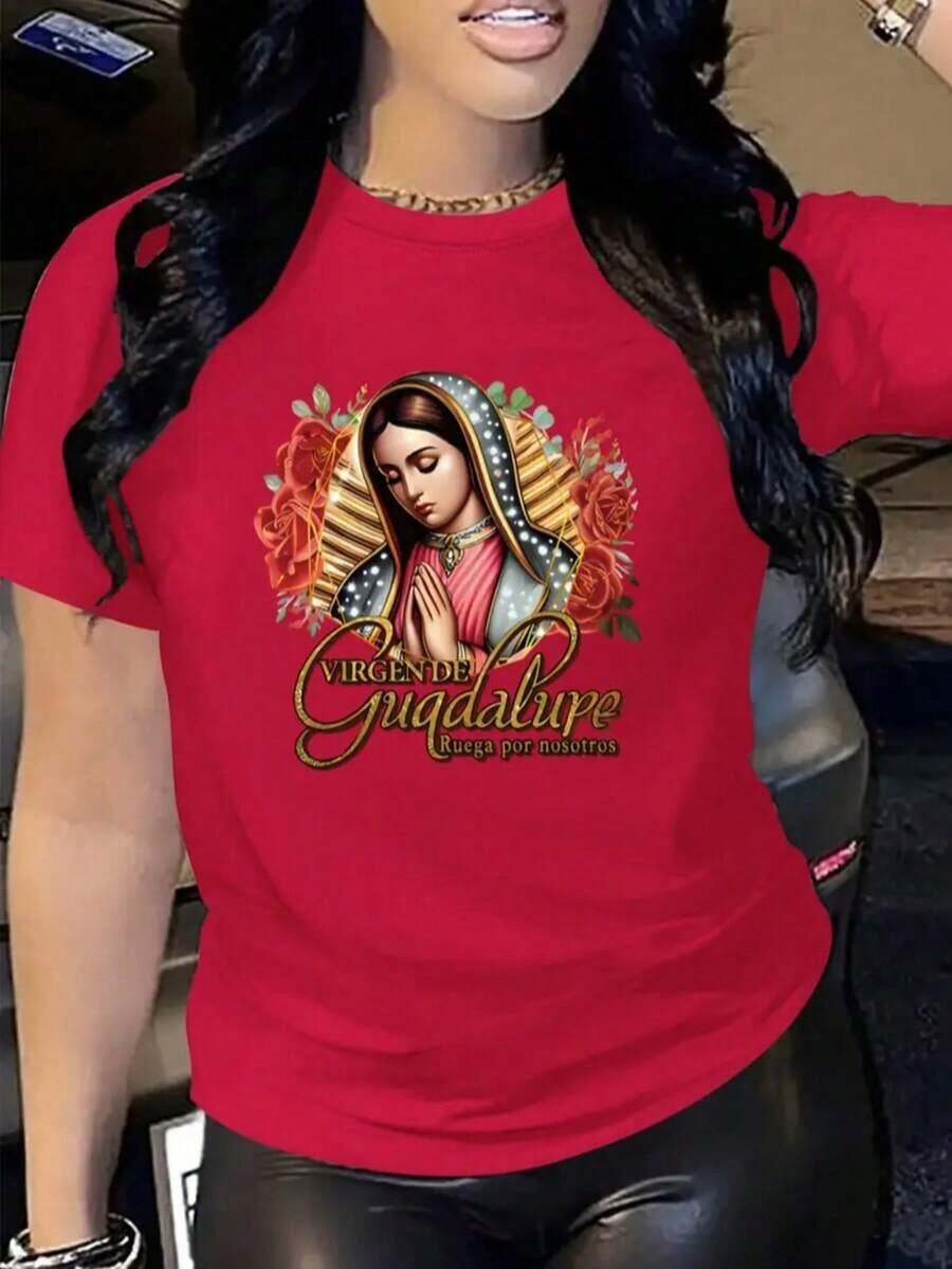 GiftPlayera camiseta gráfica dama mujer manga corta cuello redondo básica cómoda fresca ligera estampado mexicano vírgen virgencita guadalupe méxico rosas flor floral frase ruega por nosotrosSoft - Rojo - Ver 1