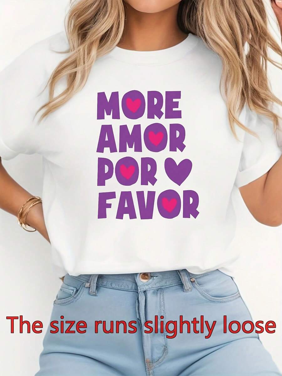Women's Spanish Phrase T-Shirt "MORE AMOR POR FAVOR" (More Love Please) - Casual Short Sleeve Crew Neck Blouse, Perfect For Everyday Wear In Spring And Summer For Spanish Learners And Speakers, Comfortable Year-Round - 白色 - 查看 1