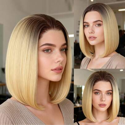 ZigZag Hair Tóc giả ngắn kiểu bob màu nâu ombre vàng - Tóc giả tổng hợp có ren phía trước, không cần keo, đường chân tóc tự nhiên đã được tỉa sẵn, sợi chịu nhiệt, phù hợp cho phụ nữ sử dụng hàng ngày.