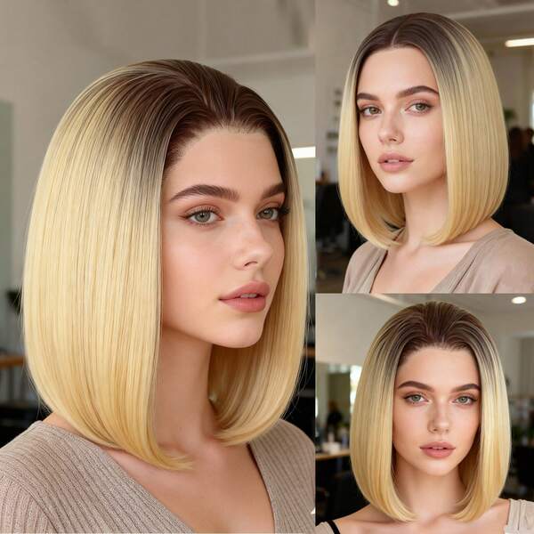 ZigZag Hair Brown Ombre Golden Short Bob Wig - Front Lace Synthetic Wig, No Glue Pre-Plucked Natural Hairline Heat Resistant Fiber Wig, Suitable For Women's Daily Wear