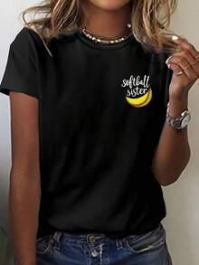 Camiseta de cuello de tripulación de manga corta con estampado gráfico para los entusiastas del softbol, perfecta para la moda femenina de primavera y verano - Negro - Ver 2