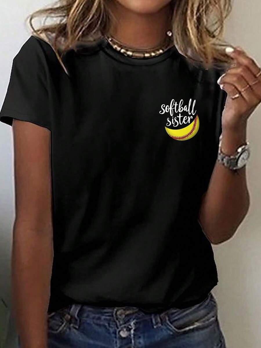 Camiseta de cuello de tripulación de manga corta con estampado gráfico para los entusiastas del softbol, perfecta para la moda femenina de primavera y verano