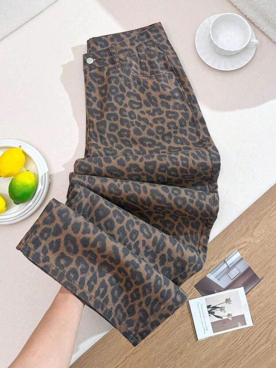 Pantalones vaqueros casuales con estampado de lunares para mujer, pantalones con estampado de lunares, pantalones con estampado de lunares, pantalones lindos, pantalones casuales para mujer, pantalones vaqueros holgados con estampado de lunares - Marrón - Ver 1