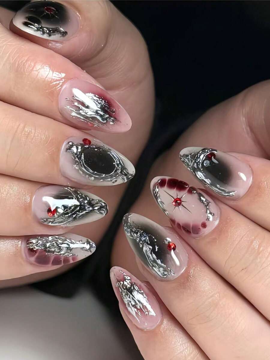24pcs Minimalist Silver 3D Embossed Gradient Blush, Gold-Silver Gradient Contour Shadow Almond-Shaped Medium Fake Nails, Suitable For Spring, Autumn, Work, Daily, Party, Wedding, Comes With Jelly Gel And File, Reusable Detachable Fake Nails, Nail Art Supplies - Silver - View 1