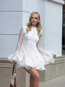 Women's Long Sleeve Mesh Panel Ruffle Hem Mini Dress| Elegant Button-Front A-Line Party Dress - White - View 10