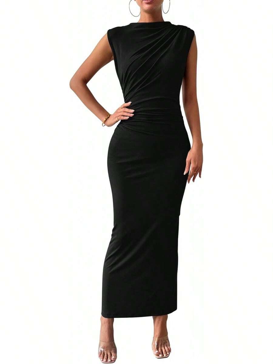 2026 Summer Women Ruched Bodycon Maxi Dress Sleeveless Lightweight Side Slit Elegant Cocktail Wedding Guest Formal Party Long Dress - 黑色 - 查看 1