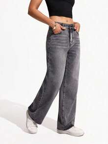 Pantalones vaqueros anchos sueltos y versátiles de mujer con diseño de bolsillos - Negro - Ver 6