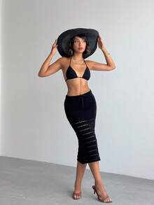 Women's Fashion Hollow Lace-Up Sexy Slit Knit Skirt - Black - View 3